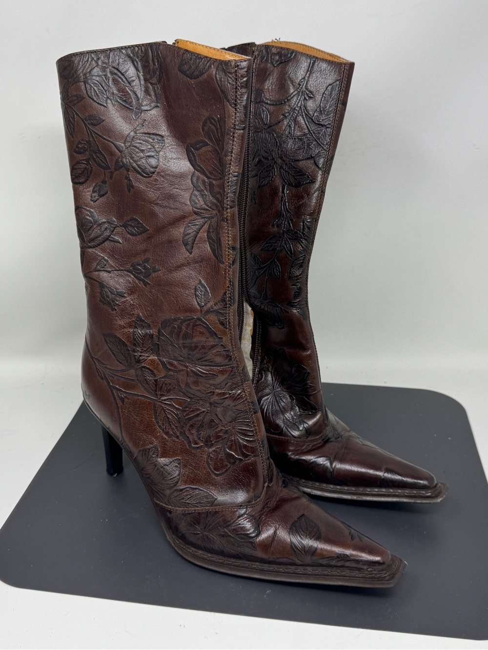 Andrew Stevens Brown Heeled Boots with Floral Pattern stiletto made in Italy